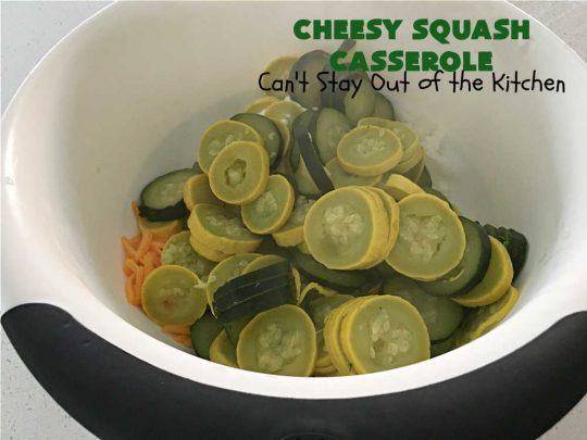 Cheesy Squash Casserole | Can't Stay Out of the Kitchen | this fantastic #Squash #SideDish is so delightful & easy to whip up you'll want to make it frequently. It's terrific for company or #holiday dinners like #Thanksgiving or #Christmas. The #RitzCracker topping makes everything irresistible. #CheddarCheese #Zucchini #YellowSquash #casserole #CheesySquashCasserole