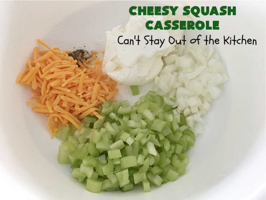 Cheesy Squash Casserole | Can't Stay Out of the Kitchen | this fantastic #Squash #SideDish is so delightful & easy to whip up you'll want to make it frequently. It's terrific for company or #holiday dinners like #Thanksgiving or #Christmas. The #RitzCracker topping makes everything irresistible. #CheddarCheese #Zucchini #YellowSquash #casserole #CheesySquashCasserole