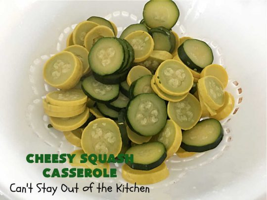 Cheesy Squash Casserole | Can't Stay Out of the Kitchen | this fantastic #Squash #SideDish is so delightful & easy to whip up you'll want to make it frequently. It's terrific for company or #holiday dinners like #Thanksgiving or #Christmas. The #RitzCracker topping makes everything irresistible. #CheddarCheese #Zucchini #YellowSquash #casserole #CheesySquashCasserole