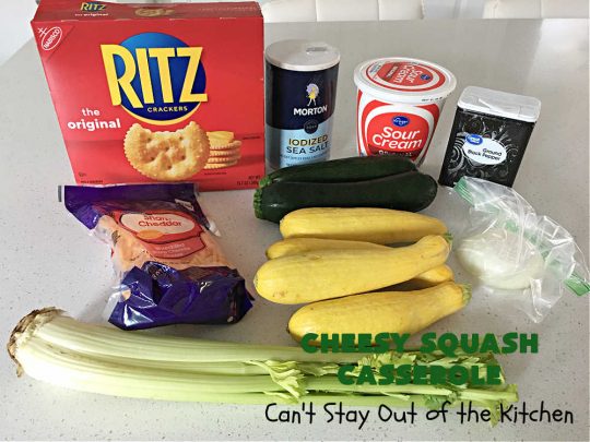 Cheesy Squash Casserole | Can't Stay Out of the Kitchen | this fantastic #Squash #SideDish is so delightful & easy to whip up you'll want to make it frequently. It's terrific for company or #holiday dinners like #Thanksgiving or #Christmas. The #RitzCracker topping makes everything irresistible. #CheddarCheese #Zucchini #YellowSquash #casserole #CheesySquashCasserole