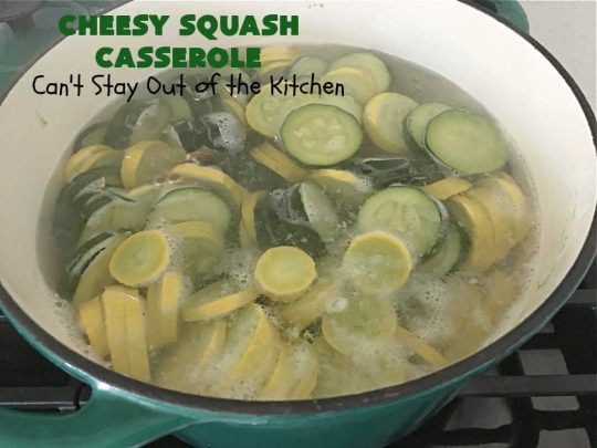 Cheesy Squash Casserole | Can't Stay Out of the Kitchen | this fantastic #Squash #SideDish is so delightful & easy to whip up you'll want to make it frequently. It's terrific for company or #holiday dinners like #Thanksgiving or #Christmas. The #RitzCracker topping makes everything irresistible. #CheddarCheese #Zucchini #YellowSquash #casserole #CheesySquashCasserole