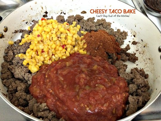 Cheesy Taco Bake | Can't Stay Out of the Kitchen | amazing #Tex-Mex entree with a #Bisquick & Cilantro crust, filled with #beef #corn and #salsa and topped with #cheese.