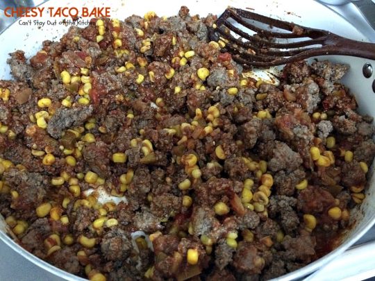 Cheesy Taco Bake | Can't Stay Out of the Kitchen | amazing #Tex-Mex entree with a #Bisquick & Cilantro crust, filled with #beef #corn and #salsa and topped with #cheese.