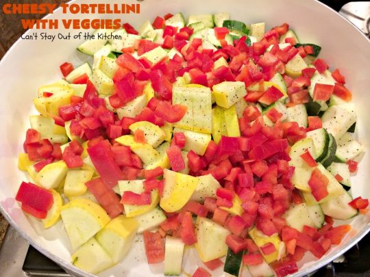 Cheesy Tortellini with Veggies | Can't Stay Out of the Kitchen | one of the best #pasta dishes ever! This one is filled with lots of #veggies & #cheese. It's kid-friendly & comfort food that's perfect for company or family dinners. #tortellini #Italian #zucchini #casserole #mushrooms #beef