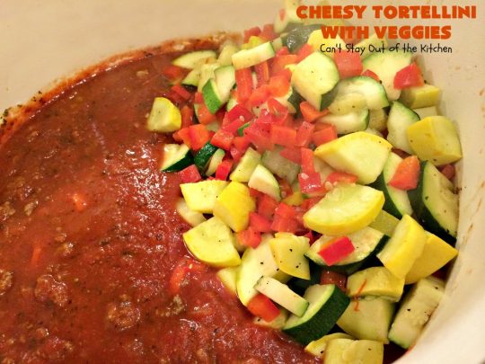 Cheesy Tortellini with Veggies | Can't Stay Out of the Kitchen | one of the best #pasta dishes ever! This one is filled with lots of #veggies & #cheese. It's kid-friendly & comfort food that's perfect for company or family dinners. #tortellini #Italian #zucchini #casserole #mushrooms #beef