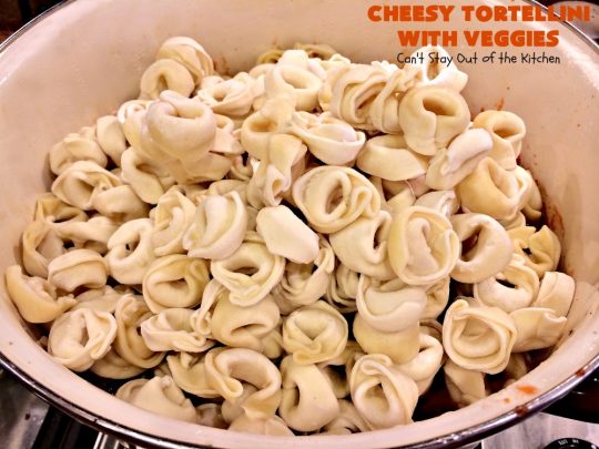 Cheesy Tortellini with Veggies | Can't Stay Out of the Kitchen | one of the best #pasta dishes ever! This one is filled with lots of #veggies & #cheese. It's kid-friendly & comfort food that's perfect for company or family dinners. #tortellini #Italian #zucchini #casserole #mushrooms #beef