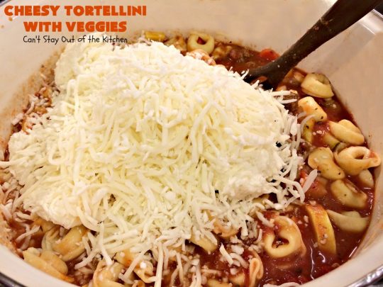 Cheesy Tortellini with Veggies | Can't Stay Out of the Kitchen | one of the best #pasta dishes ever! This one is filled with lots of #veggies & #cheese. It's kid-friendly & comfort food that's perfect for company or family dinners. #tortellini #Italian #zucchini #casserole #mushrooms #beef
