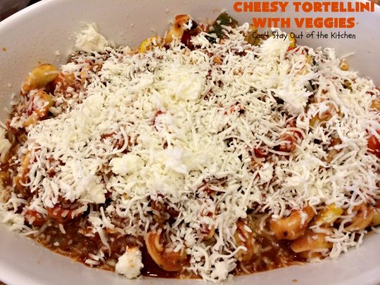 Cheesy Tortellini with Veggies | Can't Stay Out of the Kitchen | one of the best #pasta dishes ever! This one is filled with lots of #veggies & #cheese. It's kid-friendly & comfort food that's perfect for company or family dinners. #tortellini #Italian #zucchini #casserole #mushrooms #beef