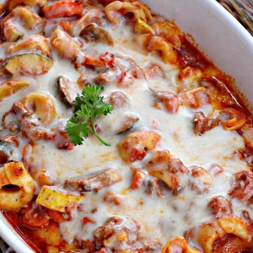 Cheesy Tortellini with Veggies | Can't Stay Out of the Kitchen | one of the best #pasta dishes ever! This one is filled with lots of #veggies & #cheese. It's kid-friendly & comfort food that's perfect for company or family dinners. #tortellini #Italian #zucchini #casserole #mushrooms #beef