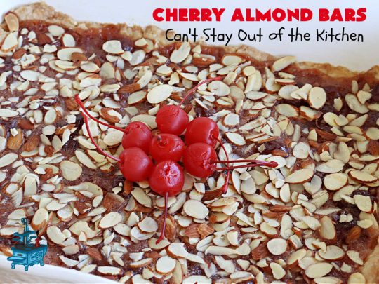 Cherry Almond Bars | Can't Stay Out of the Kitchen | these fantastic #Cherry #cookies use a #shortbread crust, #CherryPreserves in the filling & then they're topped with #almonds for a scrumptious treat everyone will enjoy. Great for #tailgating parties, #holiday #baking & a #ChristmasCookieExchange. #dessert #CherryDessert #CherryAlmondBars