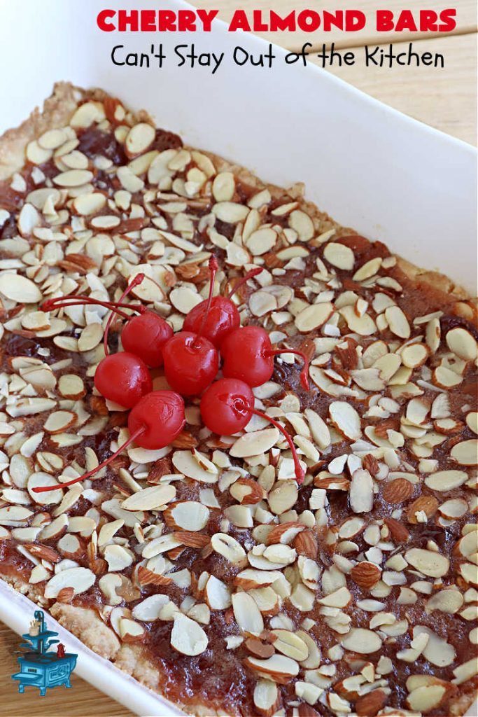 Cherry Almond Bars | Can't Stay Out of the Kitchen | these fantastic #Cherry #cookies use a #shortbread crust, #CherryPreserves in the filling & then they're topped with #almonds for a scrumptious treat everyone will enjoy. Great for #tailgating parties, #holiday #baking & a #ChristmasCookieExchange. #dessert #CherryDessert #CherryAlmondBars