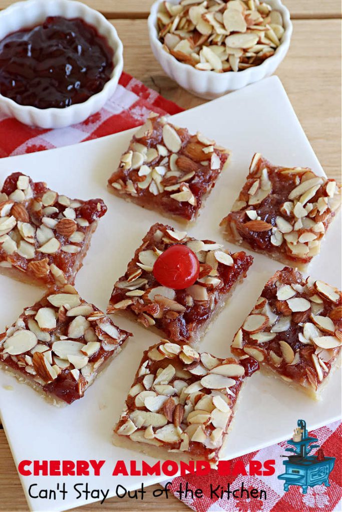 Cherry Almond Bars | Can't Stay Out of the Kitchen | these fantastic #Cherry #cookies use a #shortbread crust, #CherryPreserves in the filling & then they're topped with #almonds for a scrumptious treat everyone will enjoy. Great for #tailgating parties, #holiday #baking & a #ChristmasCookieExchange. #dessert #CherryDessert #CherryAlmondBars