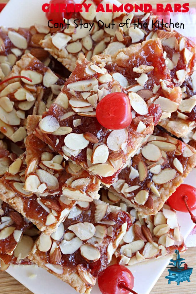 Cherry Almond Bars | Can't Stay Out of the Kitchen | these fantastic #Cherry #cookies use a #shortbread crust, #CherryPreserves in the filling & then they're topped with #almonds for a scrumptious treat everyone will enjoy. Great for #tailgating parties, #holiday #baking & a #ChristmasCookieExchange. #dessert #CherryDessert #CherryAlmondBars