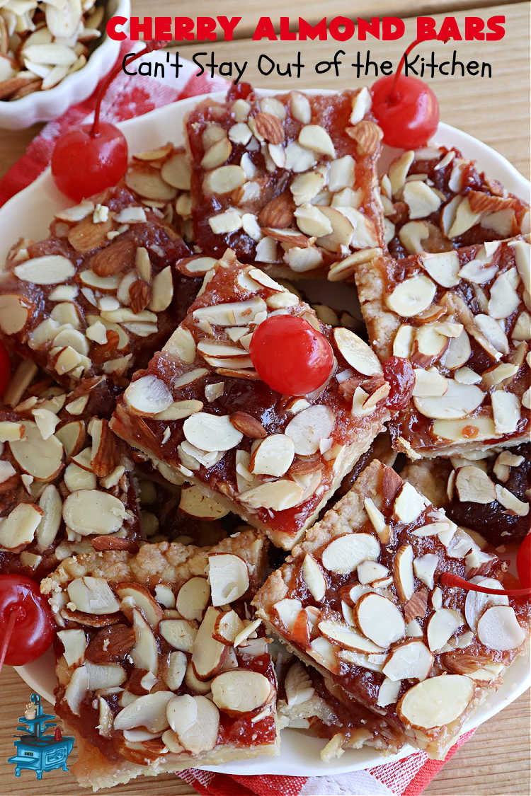 Cherry Almond Bars | Can't Stay Out of the Kitchen | these fantastic #Cherry #cookies use a #shortbread crust, #CherryPreserves in the filling & then they're topped with #almonds for a scrumptious treat everyone will enjoy. Great for #tailgating parties, #holiday #baking & a #ChristmasCookieExchange. #dessert #CherryDessert #CherryAlmondBars