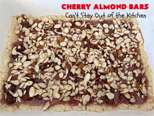Cherry Almond Bars | Can't Stay Out of the Kitchen | these fantastic #Cherry #cookies use a #shortbread crust, #CherryPreserves in the filling & then they're topped with #almonds for a scrumptious treat everyone will enjoy. Great for #tailgating parties, #holiday #baking & a #ChristmasCookieExchange. #dessert #CherryDessert #CherryAlmondBars