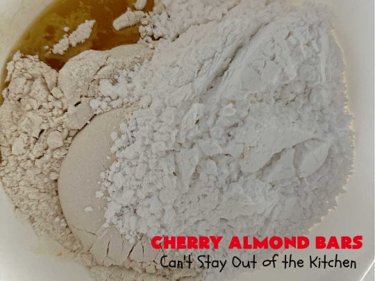 Cherry Almond Bars | Can't Stay Out of the Kitchen | these fantastic #Cherry #cookies use a #shortbread crust, #CherryPreserves in the filling & then they're topped with #almonds for a scrumptious treat everyone will enjoy. Great for #tailgating parties, #holiday #baking & a #ChristmasCookieExchange. #dessert #CherryDessert #CherryAlmondBars