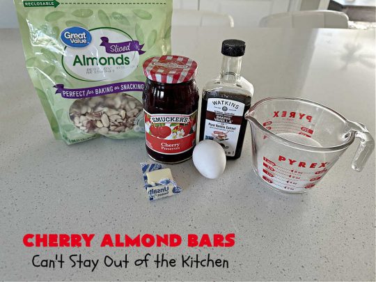 Cherry Almond Bars | Can't Stay Out of the Kitchen | these fantastic #Cherry #cookies use a #shortbread crust, #CherryPreserves in the filling & then they're topped with #almonds for a scrumptious treat everyone will enjoy. Great for #tailgating parties, #holiday #baking & a #ChristmasCookieExchange. #dessert #CherryDessert #CherryAlmondBars