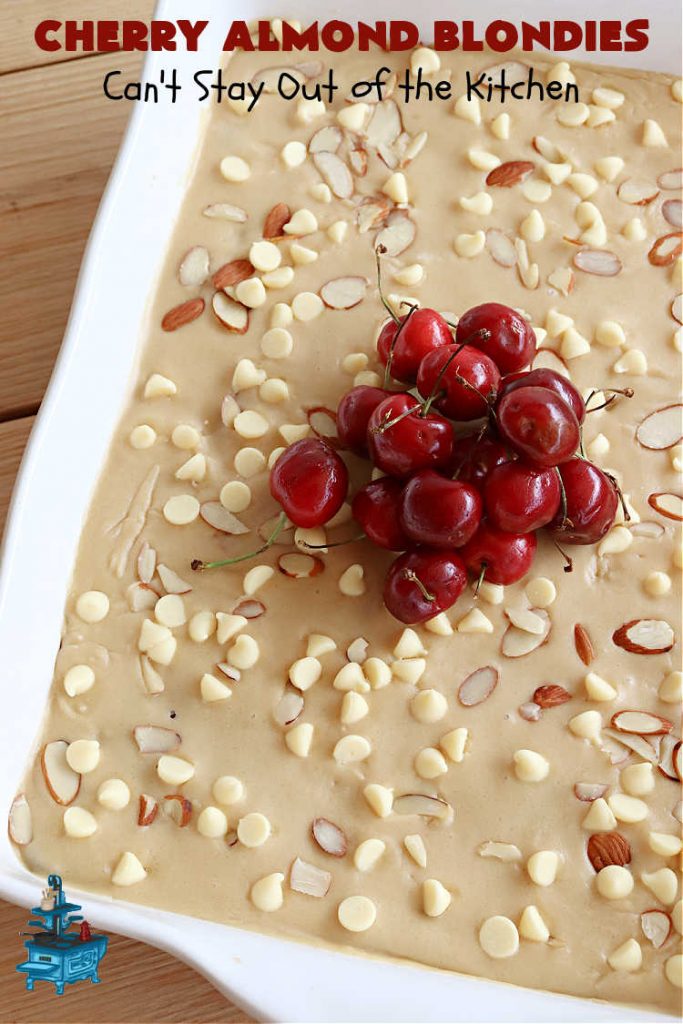 Cherry Almond Blondies | Can't Stay Out of the Kitchen | You'll be swooning from the first bite of these luscious bar-type #cookies. Browned butter in the cookie as well as the icing sets these #blondies apart. They're rich, decadent & so heavenly they'll cure any sweet tooth craving. Great for #tailgating parties & potlucks. #cherries #almonds #VanillaChips #CherryAlmondBlondies