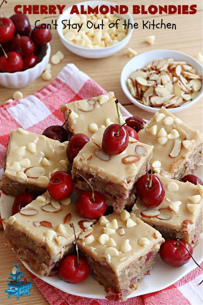 Cherry Almond Blondies | Can't Stay Out of the Kitchen | You'll be swooning from the first bite of these luscious bar-type #cookies. Browned butter in the cookie as well as the icing sets these #blondies apart. They're rich, decadent & so heavenly they'll cure any sweet tooth craving. Great for #tailgating parties & potlucks. #cherries #almonds #VanillaChips #CherryAlmondBlondies