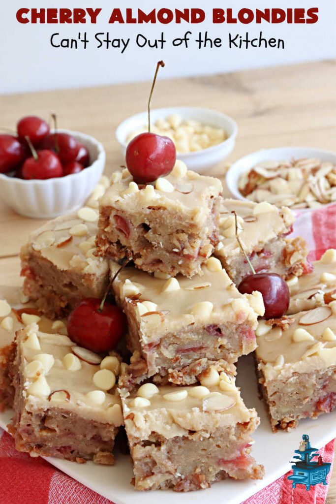 Cherry Almond Blondies | Can't Stay Out of the Kitchen | You'll be swooning from the first bite of these luscious bar-type #cookies. Browned butter in the cookie as well as the icing sets these #blondies apart. They're rich, decadent & so heavenly they'll cure any sweet tooth craving. Great for #tailgating parties & potlucks. #cherries #almonds #VanillaChips #CherryAlmondBlondies
