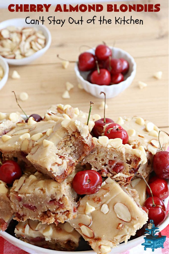 Cherry Almond Blondies | Can't Stay Out of the Kitchen | You'll be swooning from the first bite of these luscious bar-type #cookies. Browned butter in the cookie as well as the icing sets these #blondies apart. They're rich, decadent & so heavenly they'll cure any sweet tooth craving. Great for #tailgating parties & potlucks. #cherries #almonds #VanillaChips #CherryAlmondBlondies
