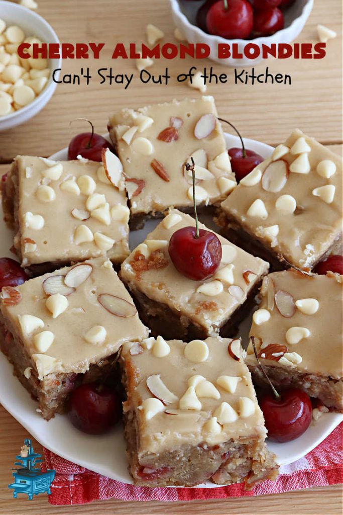 Cherry Almond Blondies | Can't Stay Out of the Kitchen | You'll be swooning from the first bite of these luscious bar-type #cookies. Browned butter in the cookie as well as the icing sets these #blondies apart. They're rich, decadent & so heavenly they'll cure any sweet tooth craving. Great for #tailgating parties & potlucks. #cherries #almonds #VanillaChips #CherryAlmondBlondies
