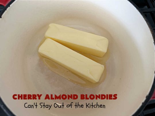 Cherry Almond Blondies | Can't Stay Out of the Kitchen | You'll be swooning from the first bite of these luscious bar-type #cookies. Browned butter in the cookie as well as the icing sets these #blondies apart. They're rich, decadent & so heavenly they'll cure any sweet tooth craving. Great for #tailgating parties & potlucks. #cherries #almonds #VanillaChips #CherryAlmondBlondies