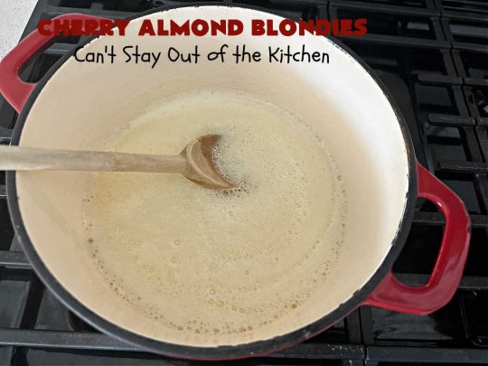 Cherry Almond Blondies | Can't Stay Out of the Kitchen | You'll be swooning from the first bite of these luscious bar-type #cookies. Browned butter in the cookie as well as the icing sets these #blondies apart. They're rich, decadent & so heavenly they'll cure any sweet tooth craving. Great for #tailgating parties & potlucks. #cherries #almonds #VanillaChips #CherryAlmondBlondiesCherry Almond Blondies | Can't Stay Out of the Kitchen | You'll be swooning from the first bite of these luscious bar-type #cookies. Browned butter in the cookie as well as the icing sets these #blondies apart. They're rich, decadent & so heavenly they'll cure any sweet tooth craving. Great for #tailgating parties & potlucks. #cherries #almonds #VanillaChips #CherryAlmondBlondies