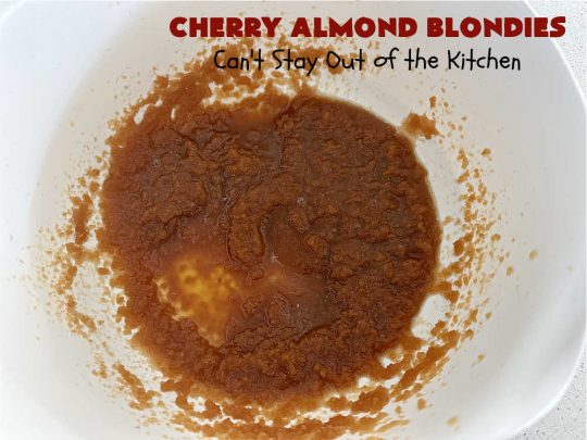 Cherry Almond Blondies | Can't Stay Out of the Kitchen | You'll be swooning from the first bite of these luscious bar-type #cookies. Browned butter in the cookie as well as the icing sets these #blondies apart. They're rich, decadent & so heavenly they'll cure any sweet tooth craving. Great for #tailgating parties & potlucks. #cherries #almonds #VanillaChips #CherryAlmondBlondies