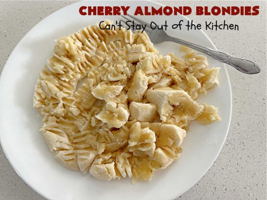 Cherry Almond Blondies | Can't Stay Out of the Kitchen | You'll be swooning from the first bite of these luscious bar-type #cookies. Browned butter in the cookie as well as the icing sets these #blondies apart. They're rich, decadent & so heavenly they'll cure any sweet tooth craving. Great for #tailgating parties & potlucks. #cherries #almonds #VanillaChips #CherryAlmondBlondies