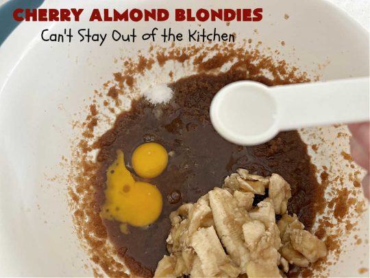 Cherry Almond Blondies | Can't Stay Out of the Kitchen | You'll be swooning from the first bite of these luscious bar-type #cookies. Browned butter in the cookie as well as the icing sets these #blondies apart. They're rich, decadent & so heavenly they'll cure any sweet tooth craving. Great for #tailgating parties & potlucks. #cherries #almonds #VanillaChips #CherryAlmondBlondies