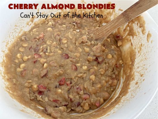 Cherry Almond Blondies | Can't Stay Out of the Kitchen | You'll be swooning from the first bite of these luscious bar-type #cookies. Browned butter in the cookie as well as the icing sets these #blondies apart. They're rich, decadent & so heavenly they'll cure any sweet tooth craving. Great for #tailgating parties & potlucks. #cherries #almonds #VanillaChips #CherryAlmondBlondies