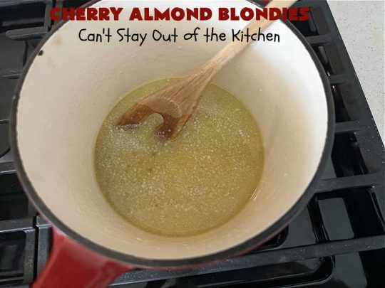 Cherry Almond Blondies | Can't Stay Out of the Kitchen | You'll be swooning from the first bite of these luscious bar-type #cookies. Browned butter in the cookie as well as the icing sets these #blondies apart. They're rich, decadent & so heavenly they'll cure any sweet tooth craving. Great for #tailgating parties & potlucks. #cherries #almonds #VanillaChips #CherryAlmondBlondies
