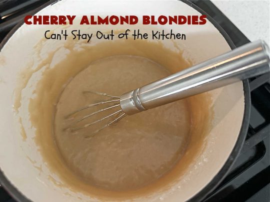 Cherry Almond Blondies | Can't Stay Out of the Kitchen | You'll be swooning from the first bite of these luscious bar-type #cookies. Browned butter in the cookie as well as the icing sets these #blondies apart. They're rich, decadent & so heavenly they'll cure any sweet tooth craving. Great for #tailgating parties & potlucks. #cherries #almonds #VanillaChips #CherryAlmondBlondies
