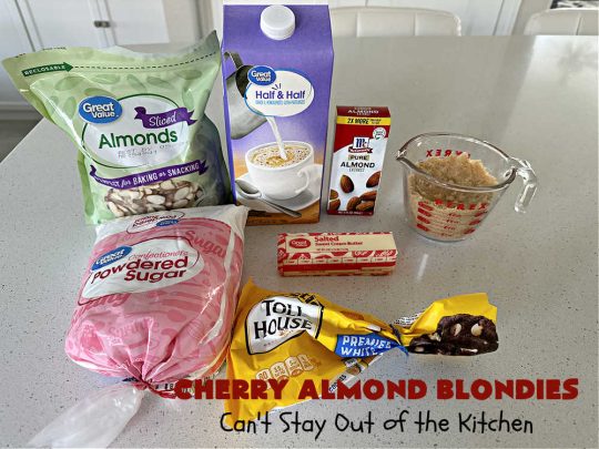 Cherry Almond Blondies | Can't Stay Out of the Kitchen | You'll be swooning from the first bite of these luscious bar-type #cookies. Browned butter in the cookie as well as the icing sets these #blondies apart. They're rich, decadent & so heavenly they'll cure any sweet tooth craving. Great for #tailgating parties & potlucks. #cherries #almonds #VanillaChips #CherryAlmondBlondies