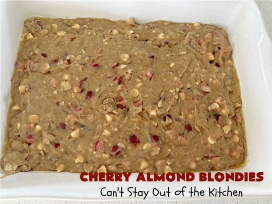 Cherry Almond Blondies | Can't Stay Out of the Kitchen | You'll be swooning from the first bite of these luscious bar-type #cookies. Browned butter in the cookie as well as the icing sets these #blondies apart. They're rich, decadent & so heavenly they'll cure any sweet tooth craving. Great for #tailgating parties & potlucks. #cherries #almonds #VanillaChips #CherryAlmondBlondies