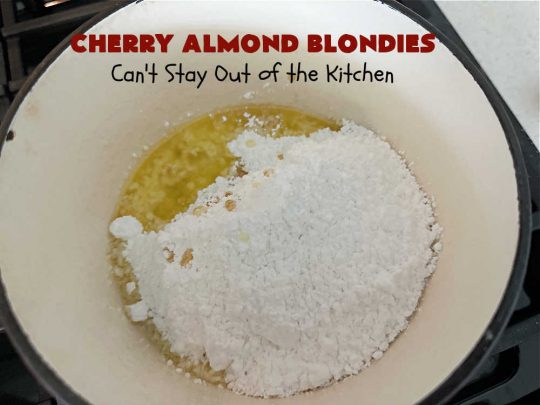 Cherry Almond Blondies | Can't Stay Out of the Kitchen | You'll be swooning from the first bite of these luscious bar-type #cookies. Browned butter in the cookie as well as the icing sets these #blondies apart. They're rich, decadent & so heavenly they'll cure any sweet tooth craving. Great for #tailgating parties & potlucks. #cherries #almonds #VanillaChips #CherryAlmondBlondies