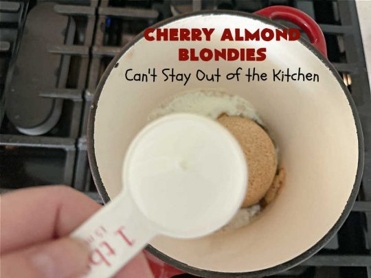 Cherry Almond Blondies | Can't Stay Out of the Kitchen | You'll be swooning from the first bite of these luscious bar-type #cookies. Browned butter in the cookie as well as the icing sets these #blondies apart. They're rich, decadent & so heavenly they'll cure any sweet tooth craving. Great for #tailgating parties & potlucks. #cherries #almonds #VanillaChips #CherryAlmondBlondies