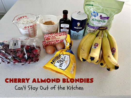 Cherry Almond Blondies | Can't Stay Out of the Kitchen | You'll be swooning from the first bite of these luscious bar-type #cookies. Browned butter in the cookie as well as the icing sets these #blondies apart. They're rich, decadent & so heavenly they'll cure any sweet tooth craving. Great for #tailgating parties & potlucks. #cherries #almonds #VanillaChips #CherryAlmondBlondies