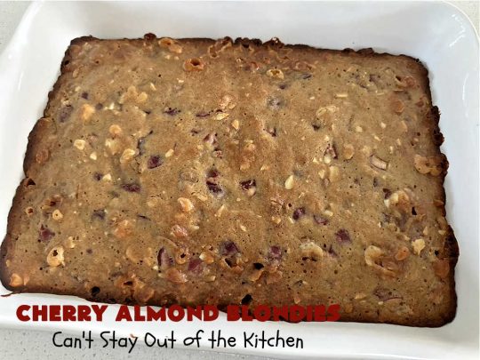 Cherry Almond Blondies | Can't Stay Out of the Kitchen | You'll be swooning from the first bite of these luscious bar-type #cookies. Browned butter in the cookie as well as the icing sets these #blondies apart. They're rich, decadent & so heavenly they'll cure any sweet tooth craving. Great for #tailgating parties & potlucks. #cherries #almonds #VanillaChips #CherryAlmondBlondies