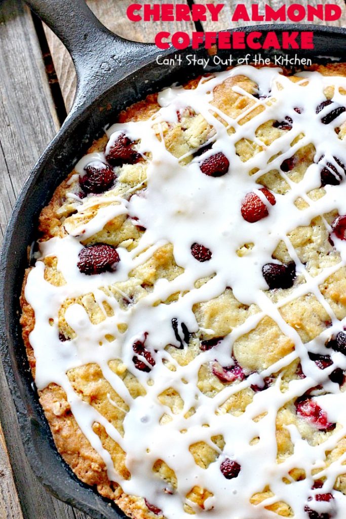 Cherry Almond Coffeecake | Can't Stay Out of the Kitchen | favorite #cherry #coffeecake recipe with #almonds & #coconut. Perfect #breakfast idea for the #FourthofJuly.