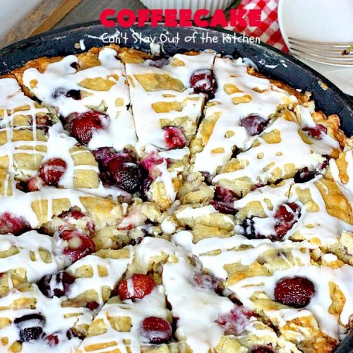Cherry Almond Coffeecake | Can't Stay Out of the Kitchen | favorite #cherry #coffeecake recipe with #almonds & #coconut. Perfect #breakfast idea for the #FourthofJuly.