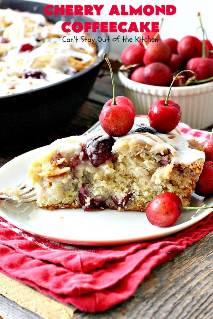 Cherry Almond Coffeecake | Can't Stay Out of the Kitchen | favorite #cherry #coffeecake recipe with #almonds & #coconut. Perfect #breakfast idea for the #FourthofJuly.