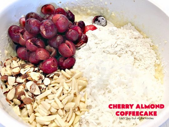 Cherry Almond Coffeecake | Can't Stay Out of the Kitchen | favorite #cherry #coffeecake recipe with #almonds & #coconut. Perfect #breakfast idea for the #FourthofJuly.