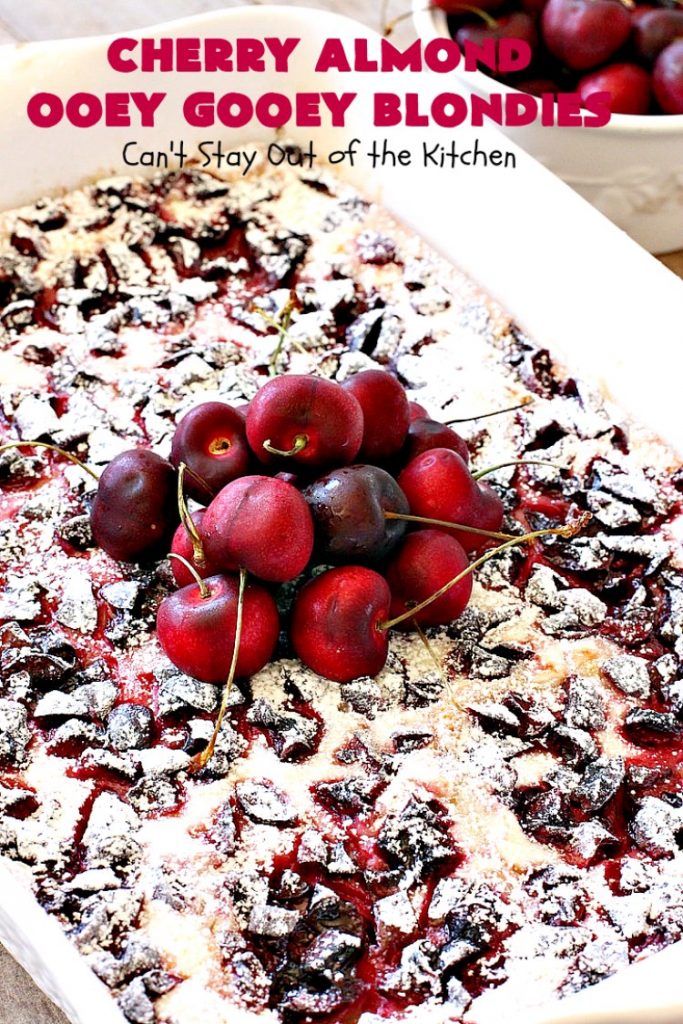 Cherry Almond Ooey Gooey Blondies | Can't Stay Out of the Kitchen | Best #cherry #dessert ever! These fabulous #cookies have a #cheesecake filling, topped with fresh #cherries & powdered sugar. They are absolutely heavenly. #almonds #cherrydessert #Canbassador #NorthwestCherryGrowers