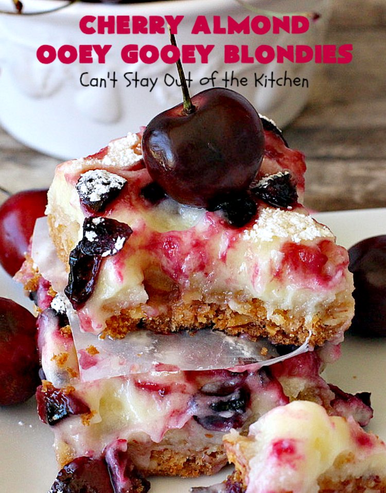 Cherry Almond Ooey Gooey Blondies | Can't Stay Out of the Kitchen | Best #cherry #dessert ever! These fabulous #cookies have a #cheesecake filling, topped with fresh #cherries & powdered sugar. They are absolutely heavenly. #almonds #cherrydessert #Canbassador #NorthwestCherryGrowers