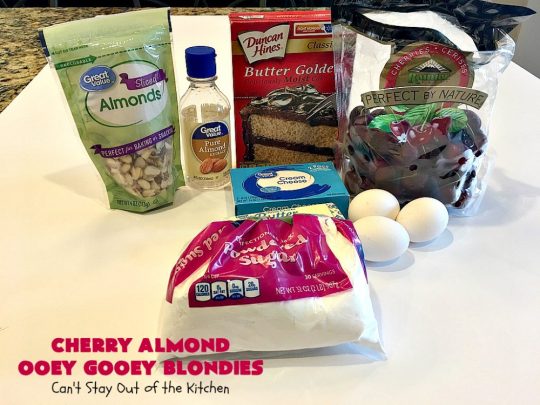 Cherry Almond Ooey Gooey Blondies | Can't Stay Out of the Kitchen | Best #cherry #dessert ever! These fabulous #cookies have a #cheesecake filling, topped with fresh #cherries & powdered sugar. They are absolutely heavenly. #almonds #cherrydessert #Canbassador #NorthwestCherryGrowers