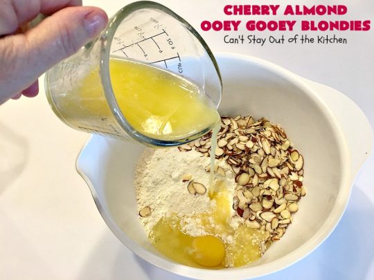 Cherry Almond Ooey Gooey Blondies | Can't Stay Out of the Kitchen | Best #cherry #dessert ever! These fabulous #cookies have a #cheesecake filling, topped with fresh #cherries & powdered sugar. They are absolutely heavenly. #almonds #cherrydessert #Canbassador #NorthwestCherryGrowers