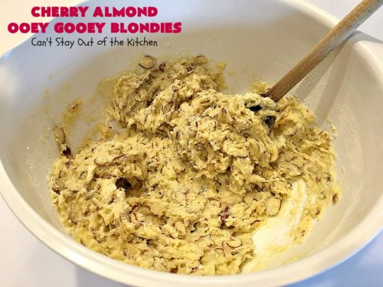Cherry Almond Ooey Gooey Blondies | Can't Stay Out of the Kitchen | Best #cherry #dessert ever! These fabulous #cookies have a #cheesecake filling, topped with fresh #cherries & powdered sugar. They are absolutely heavenly. #almonds #cherrydessert #Canbassador #NorthwestCherryGrowers