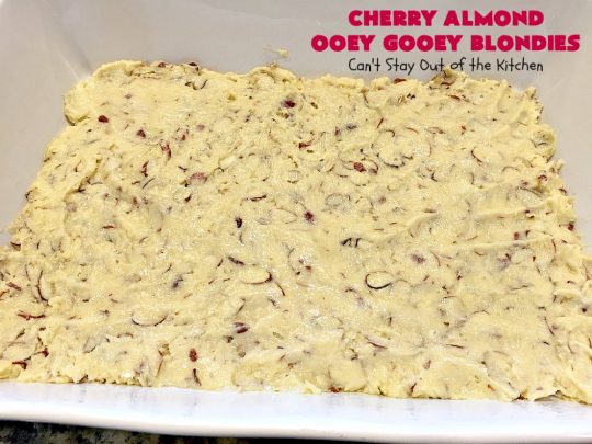 Cherry Almond Ooey Gooey Blondies | Can't Stay Out of the Kitchen | Best #cherry #dessert ever! These fabulous #cookies have a #cheesecake filling, topped with fresh #cherries & powdered sugar. They are absolutely heavenly. #almonds #cherrydessert #Canbassador #NorthwestCherryGrowers
